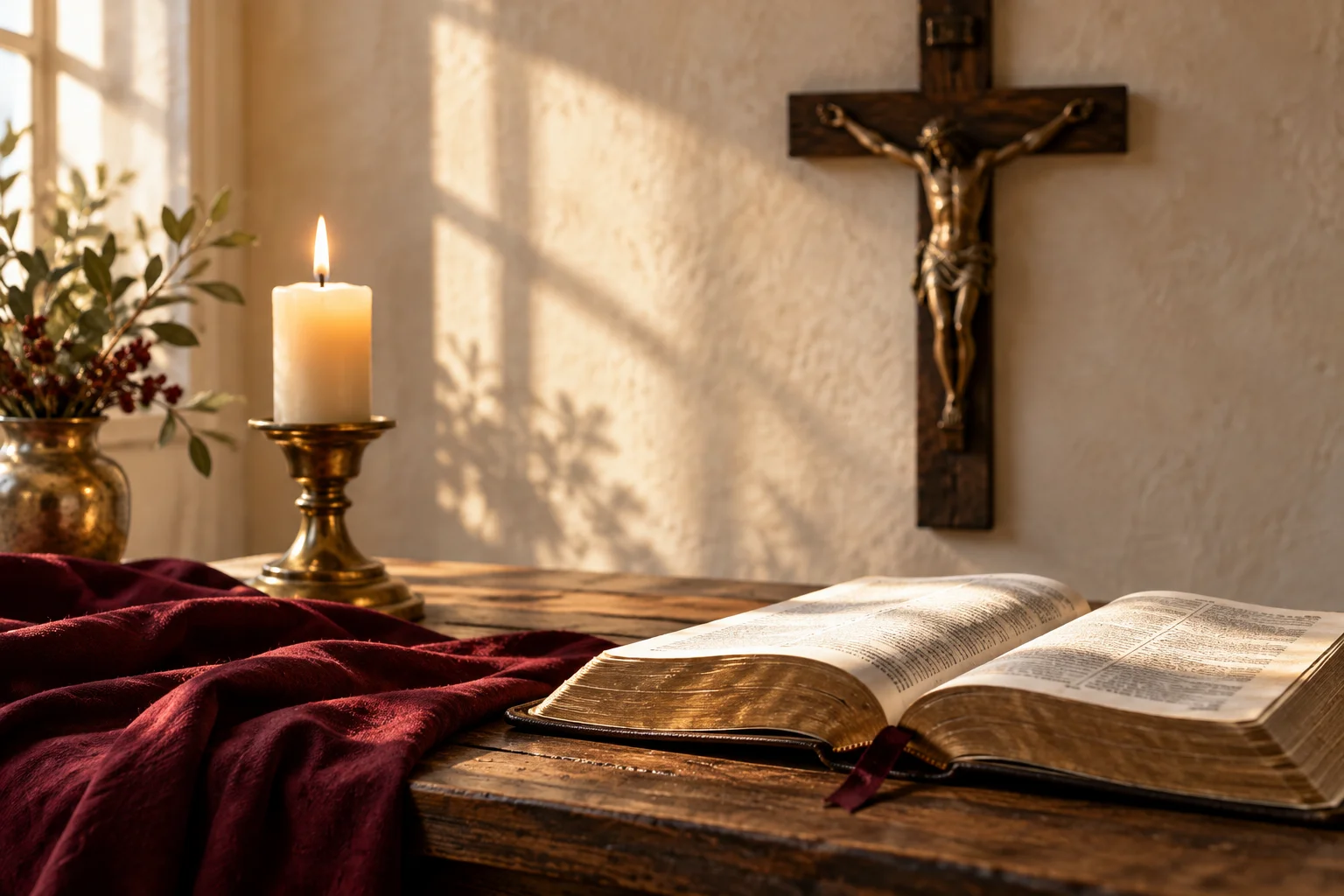 Biblia y crucifijo en un espacio de oración imaginado, generado con IA.